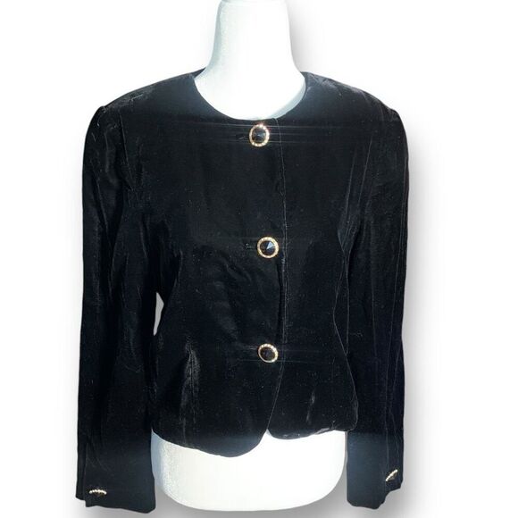 Vintage 90s Black Velvet Cropped Collarless Blazer Jacket Gold Button Elegant 8 - Picture 2 of 8